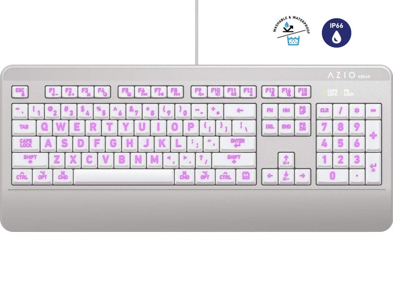Azio Vision Mac USB-C Keyboard, Backlit/Large Print, 3 Interchange Backlight Colors, Blue/Red/Purple (KB540) - Image 2